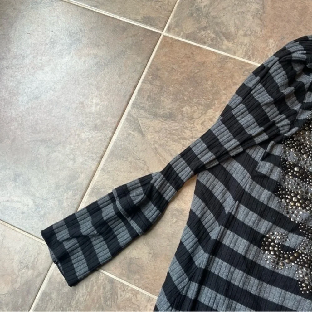 S.Twelve Gray Black Striped Skull Rhinestone Draped Cardigan Duster small